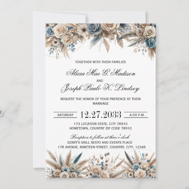 Convites Boho Pampas Grass Wedding Invitation (Frente)