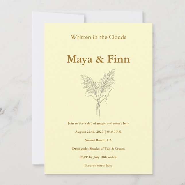 Convites Boho Pampas Grass Wedding Invitation Minimalist (Frente)