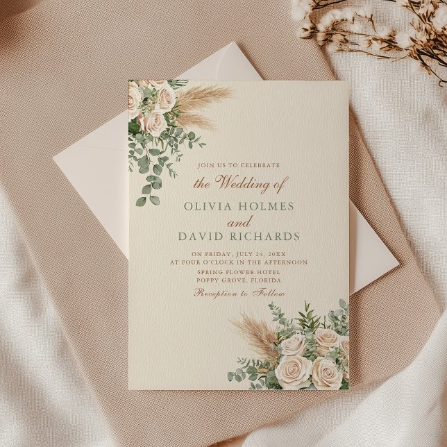 Convites Boho Pampas Grass & White Rose Invitation (Boho Pampas Grass & White Rose Wedding Invitation with envelope on an elegant wedding table)