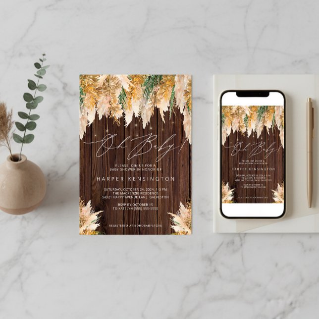 Convites Boho Pampas Grass Wood Twinkle Lights Chá de frald (Boho Pampas Grass Wood Twinkle Lights Baby Shower Invitation)