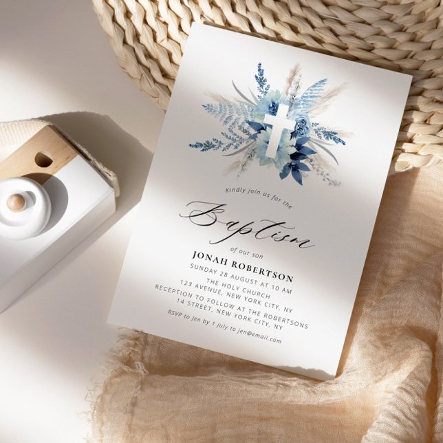 Convites boho pampas herbáceo azul cruz batismo floral (Criador carregado)