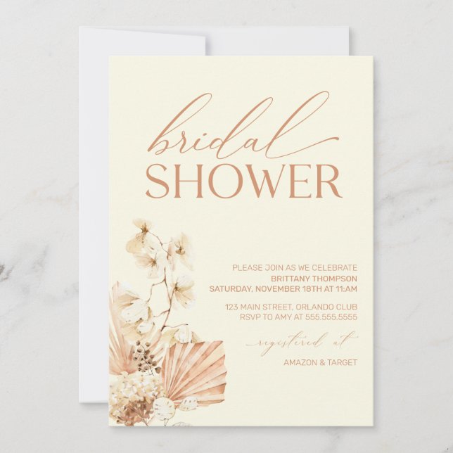 Convites Boho Pampas Modern Bridal Shower floral Invitation (Frente)