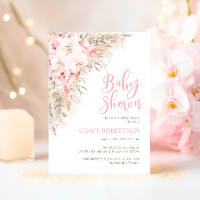 Convites Boho Pampas Orquídeas Peonies Chá de fraldas Neutr (Boho Pampas Orchids Peonies Pink Neutral Baby Shower Invitation)