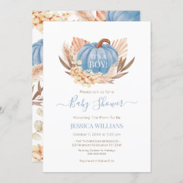 Convites Boho Pampas Pumpkin blue baby shower