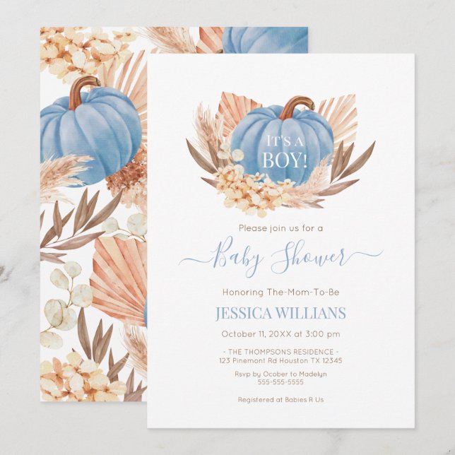 Convites Boho Pampas Pumpkin blue baby shower (Frente/Verso)