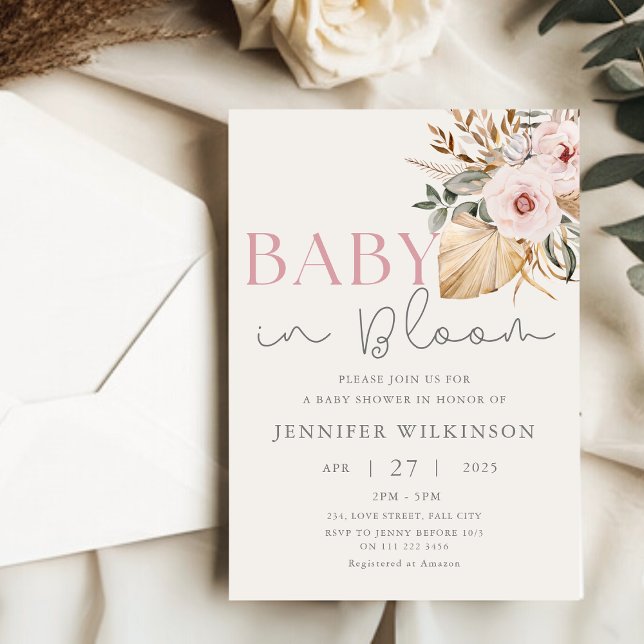 Convites Boho Pampas Push Blush Baby em Chá de fraldas de S (Boho Pampas Grass Blush Baby in Bloom Baby Shower Invitation)