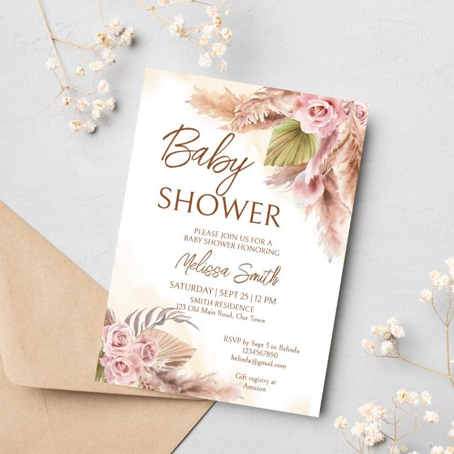 Convites Boho pampas rosa de beige seco (Boho pampas dry grass earthy pastel cream roses baby shower invitation template instant download)