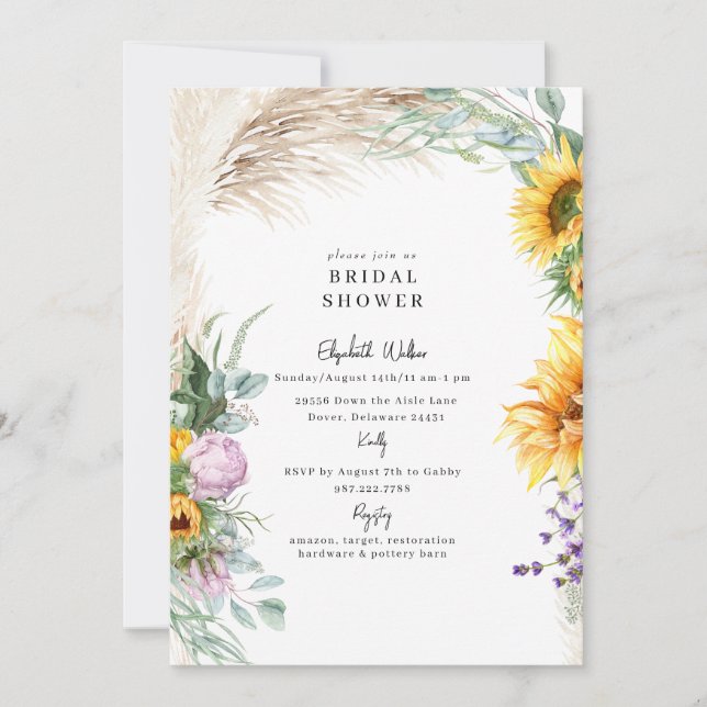 Convites Boho Pampas Sunflower BridalShower (Frente)