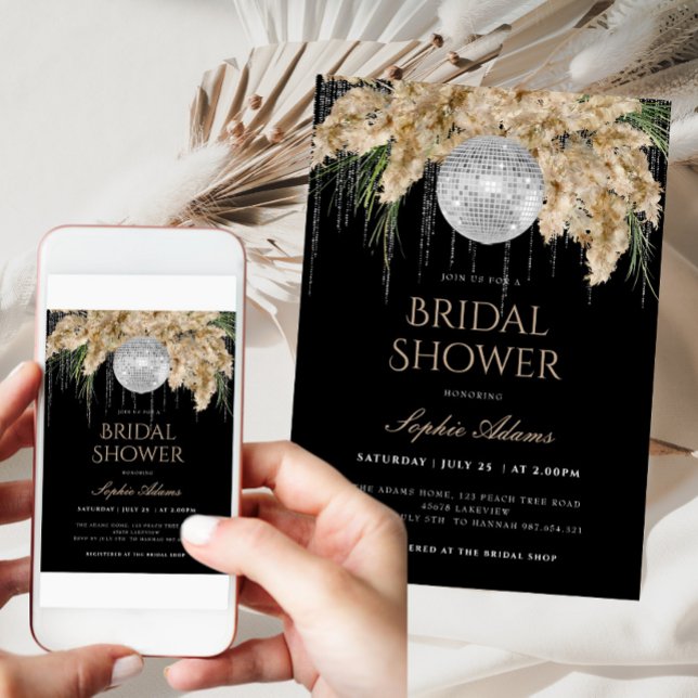 Convites Boho Papmas Grass Disco Ball Chá de panela Preto (Criador carregado)