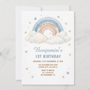 Convites Boho Pastel Arco-íris Nuvens Menino 1º Aniversário