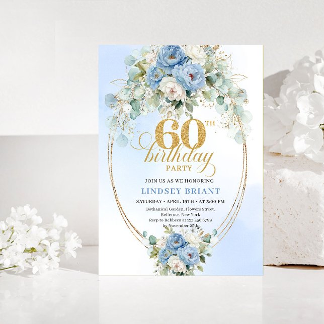 Convites Boho Pastel rosa peônia verde dourado 60º aniversá (Pastel blue peony greenery gold 60th birthday invitation)