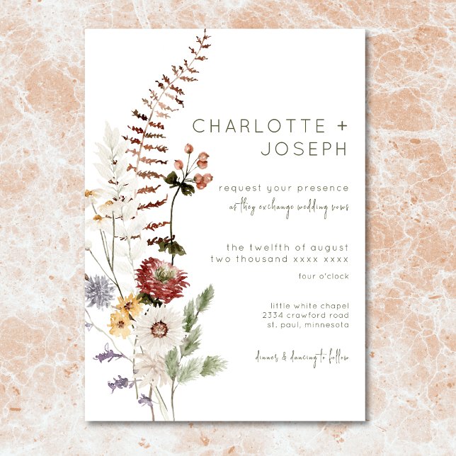 Convites Boho Pastel Wildflower Modern Floral Weding (Boho Terracotta Peach & Cream Floral Green Wedding Invitation)