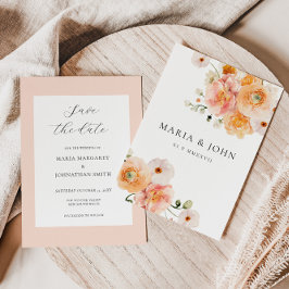 Convites Boho Peach & Blush Floral Casamento Salve a Data