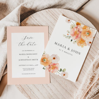 Convites Boho Peach & Blush Floral Casamento Salve a Data