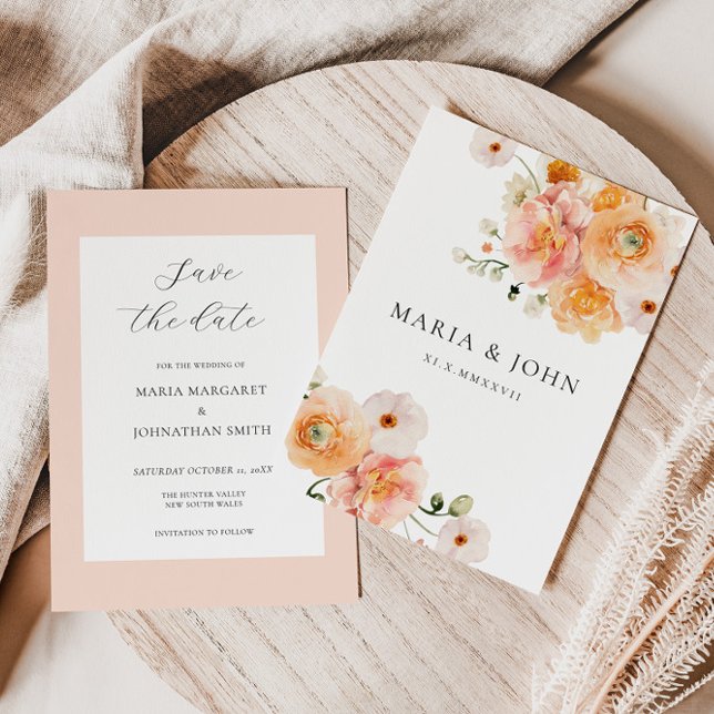 Convites Boho Peach & Blush Floral Wedding Save the Date (Criador carregado)