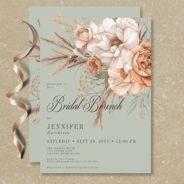 Convites Boho Peach & Cream Floral Green Bridal Brunch (Boho Peach & Cream Floral Green Bridal Brunch Invitation)