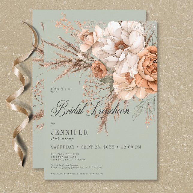 Convites Boho Peach & Cream Floral Green Bridal Luncheon (Boho Peach & Cream Floral Green Bridal Luncheon Invitation)
