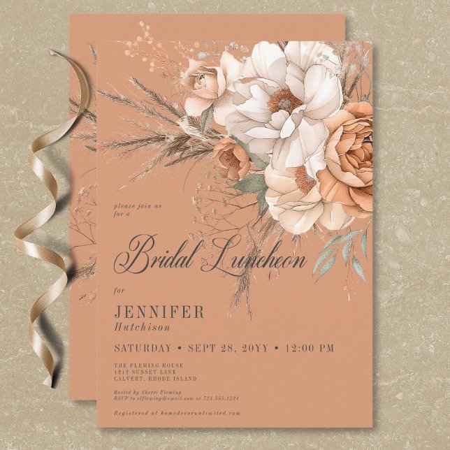 Convites Boho Peach & Cream Floral Rust Bridal Lunchee (Boho Peach & Cream Floral Rust Bridal Luncheon Invitation)