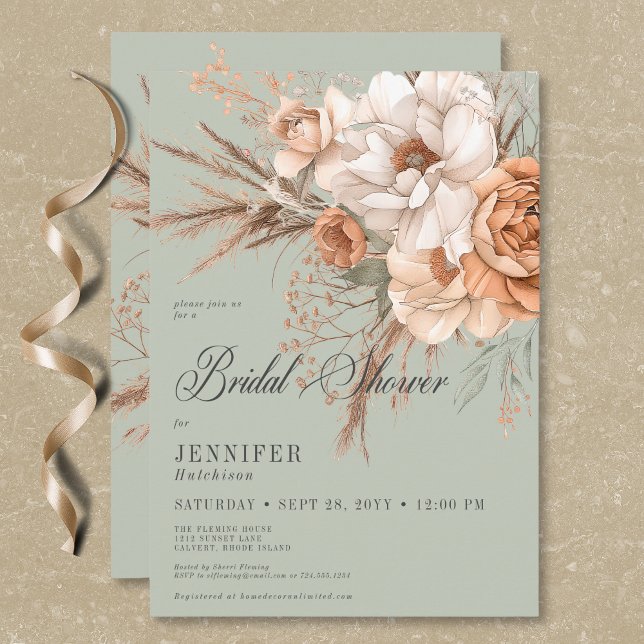 Convites Boho Peach e Cream Chá de panela Verde Floral (Boho Peach & Cream Floral Green Bridal Shower Invitation)