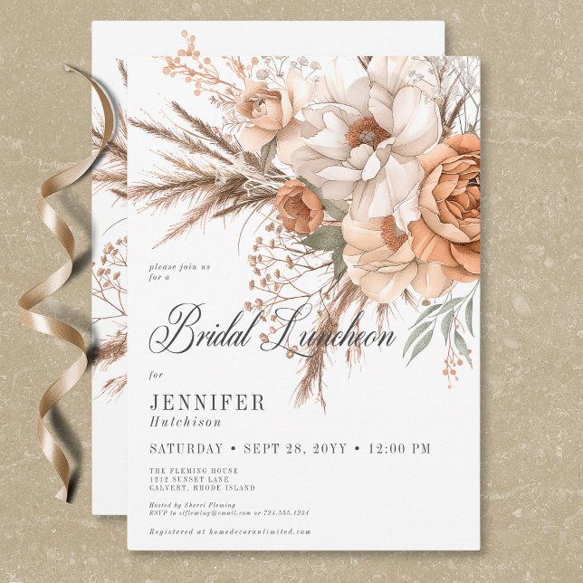 Convites Boho Peach e Cream Floral Branca Almofada (Boho Peach & Cream Floral White Bridal Luncheon Invitation)