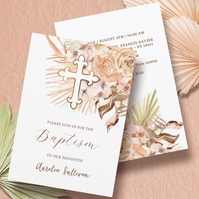 Convites Boho Peach Flor Baptism (Criador carregado)