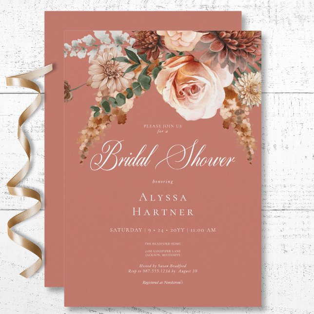 Convites Boho Peach & Rust Chá de panela Floral Rust (Boho Peach & Rust Floral Rust Bridal Shower Invitation)