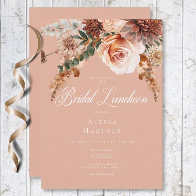 Convites Boho Peach & Rust Floral Peach Blush Bridal (Boho Peach & Rust Floral Peach Blush Bridal Lunch Invitation)
