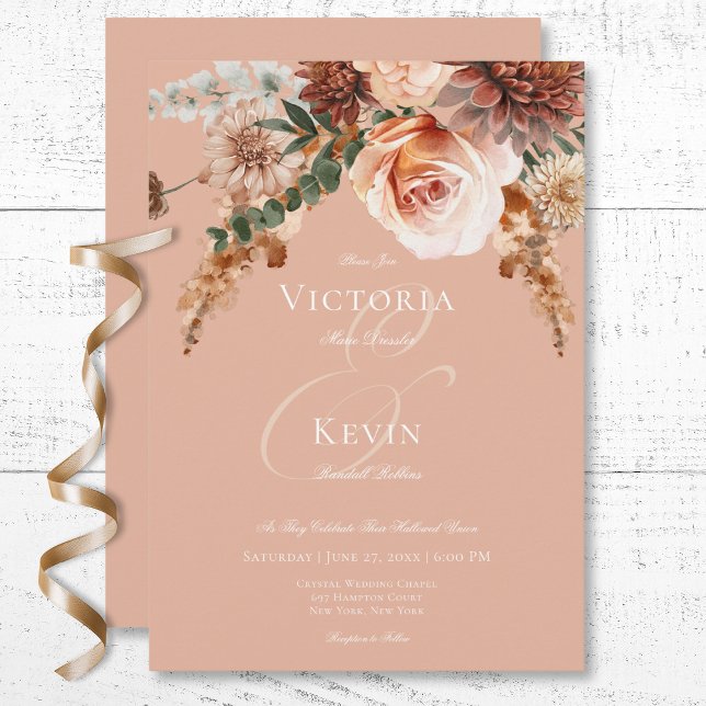 Convites Boho Peach & Rust Floral Peach Blush Casamento (Boho Peach & Rust Floral Peach Blush Wedding Invitation)