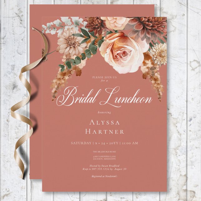 Convites Boho Peach & Rust Floral Rust Bridal Lunchedo (Boho Peach & Rust Floral Rust Bridal Luncheon Invitation)