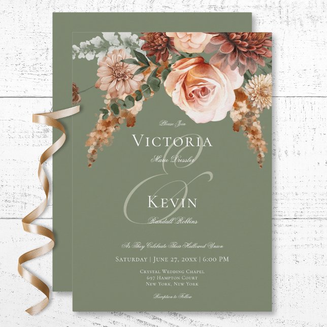Convites Boho Peach & Rust Floral Sage Casamento Verde (Boho Peach & Rust Floral Sage Green Wedding Invitation)