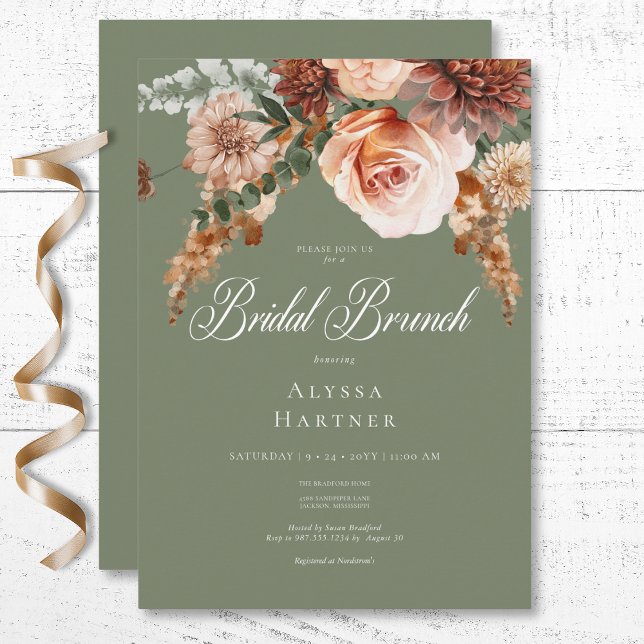 Convites Boho Peach & Rust Floral Sage Green Bridal Brunch (Boho Peach & Rust Floral Sage Green Bridal Brunch Invitation)