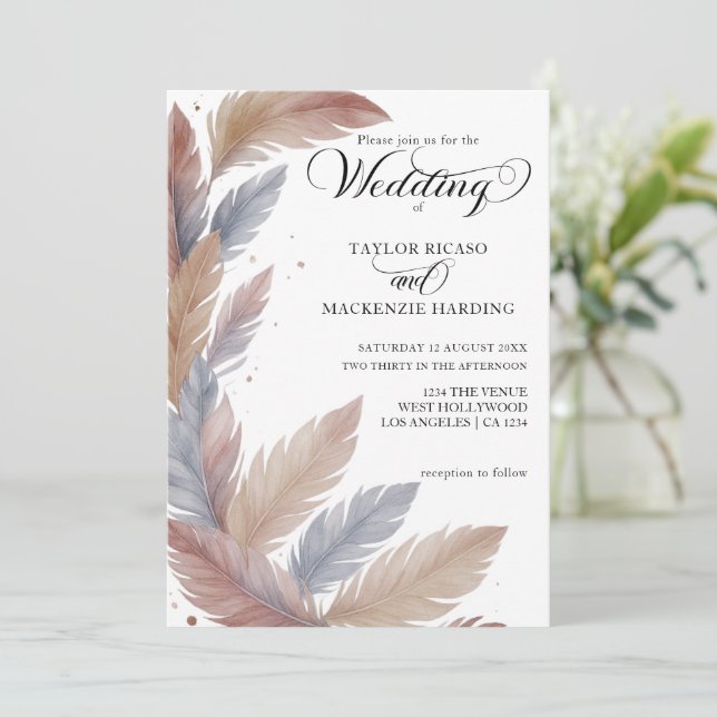 Convites Boho penas e casamento com fotos elegantes (Em pé/Frente)