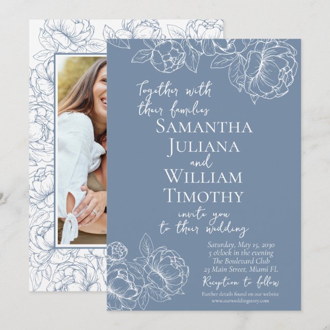 Convites Boho Periwinkle Blue Floral Elegant Casamento Foto (Frente/Verso)