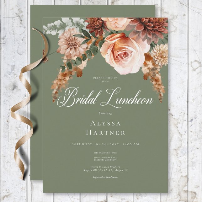 Convites Boho Pêssego e Ferrugem Floral Verde Salvia Almoço (Boho Peach & Rust Floral Sage Green Bridal Lunch Invitation)
