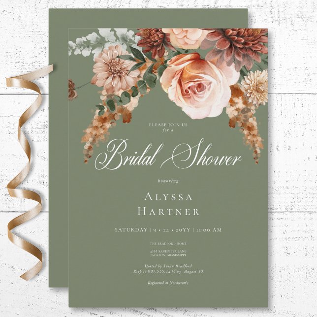 Convites Boho Pêssego e Ferrugem Floral Verde Salvia Chá de (Boho Peach & Rust Floral Sage Green Bridal Shower Invitation)