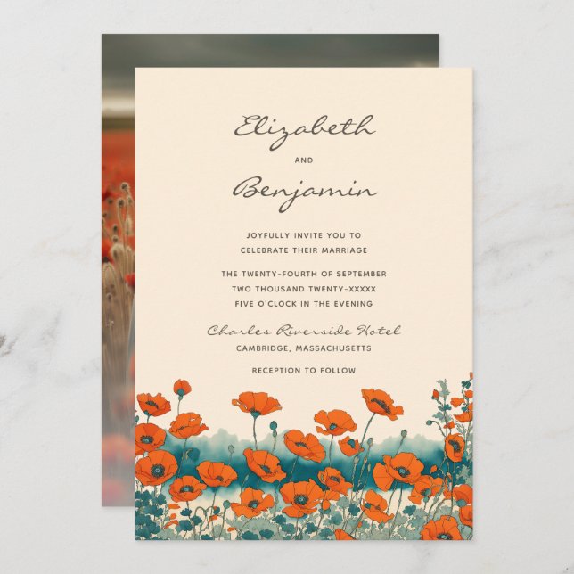 Convites Boho Photo Floral Wildflower Wedding (Frente/Verso)