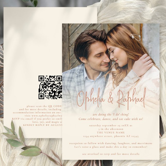 Convites Boho Photo Overlay QR Terracotta Cream Wedding (Front and Back View. Available digtally or printed)
