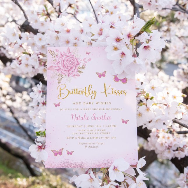 Convites Boho Pink Borboleta Floral Beija Chá de fraldas (Criador carregado)