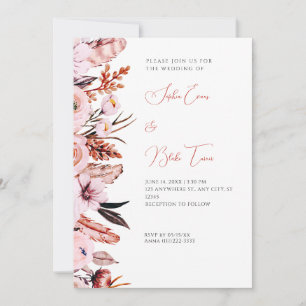 Convites Boho Pink & Brown Flores & Penas Casamento Branco