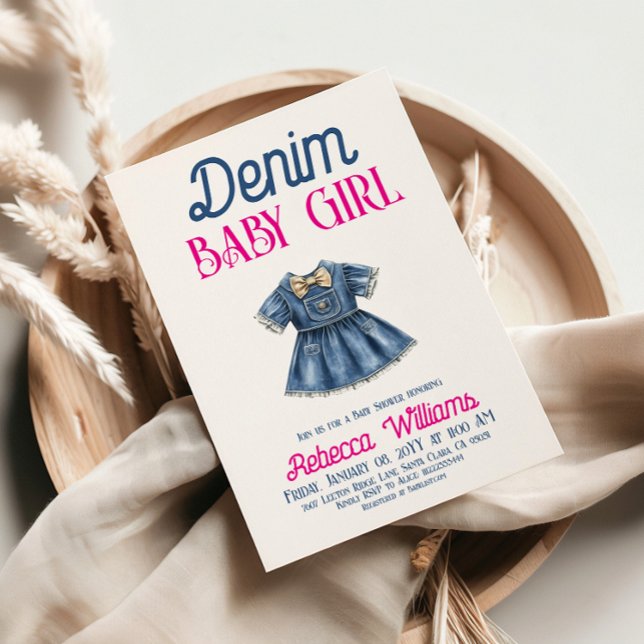 Convites Boho Pink Denim Girl Blue Jean Baby Shower (Criador carregado)
