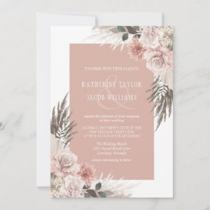 Convites Boho Pink Floral Código QR RSVP Casamento