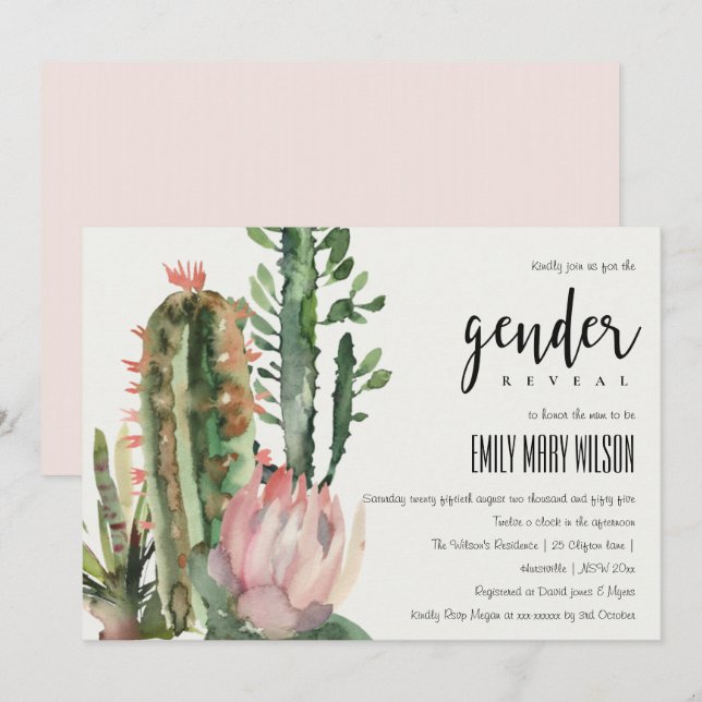 CONVITES BOHO PINK FLORAL DESERTO CACTI FAUNA GENDER REVEAL (Frente/Verso)