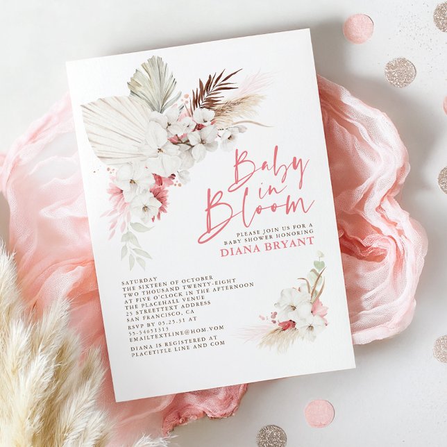 Convites Boho Pink Floral Pampas Grass Chá de fraldas Invit (Baby in Bloom Pink Baby Shower Invitations Boho)