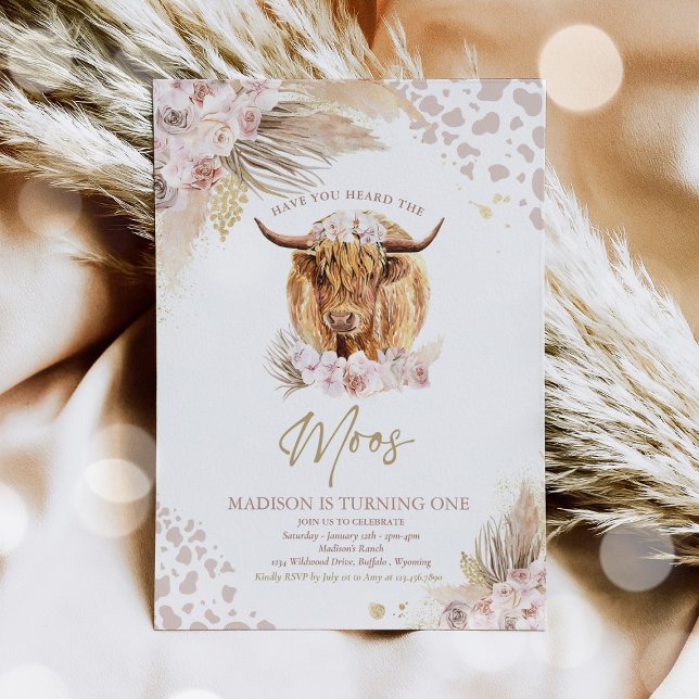 Convites Boho Pink Floral Pampas Grass Highland Cow Party (Criador carregado)