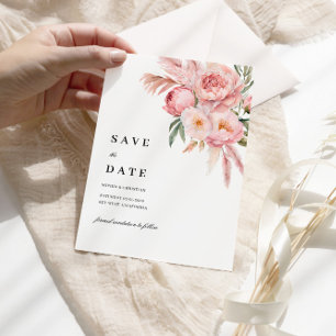 Convites Boho Pink Flowers Pampas Grass Salvar Data V.2
