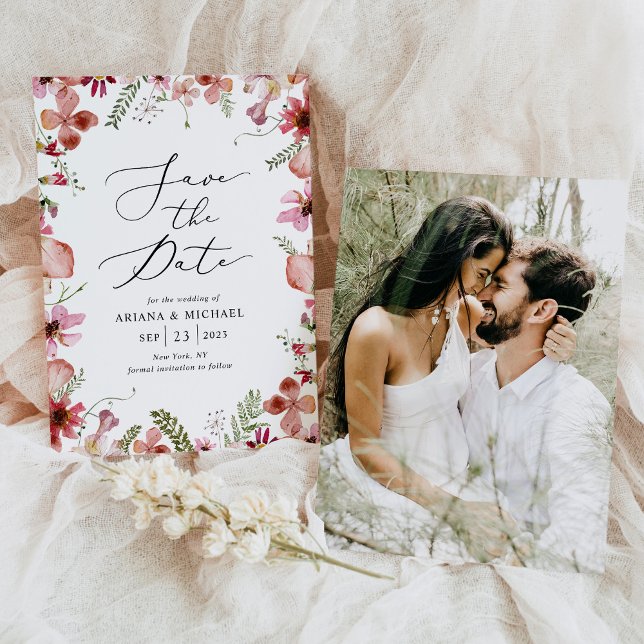 Convites Boho Pink Foto Floral Casamento Salve A Data (Criador carregado)