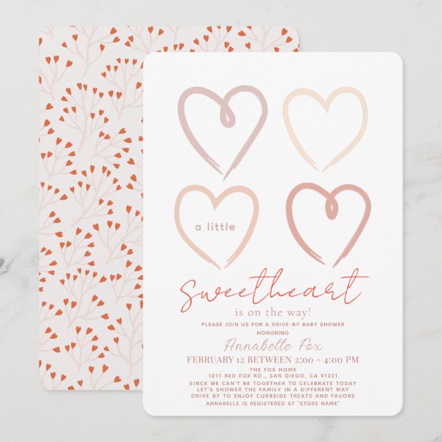 Convites Boho Pink Hearts Sweetheart Drive-by Chá de fralda (Frente/Verso)