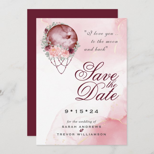 Convites Boho Pink Maroon Moon Mandala Salvar Data (Frente/Verso)
