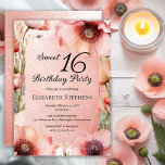 Convites Boho Pink Poppies Floral Sweet 16 Birthday Party<br><div class="desc">Elegant pink poppies floral design "Sweet 16 Birthday Party" design featuring a floral frame of varying shades of pink poppies on a distressed pink background.</div>