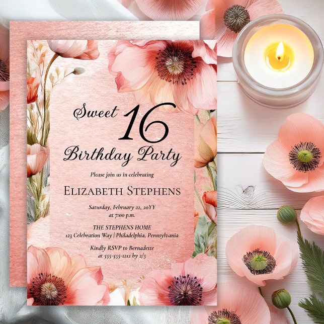 Convites Boho Pink Poppies Floral Sweet 16 Birthday Party (Elegant Pink Poppies Floral Sweet 16 Birthday Party Invitation - Print | Digital Download)